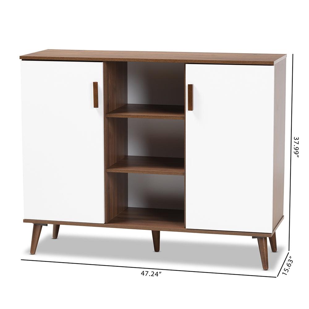 BAXTON STUDIO QUINN MID-CENTURY MODERN TWO-TONE WHITE AND WALNUT FINISHED 2-DOOR WOOD DINING ROOM SIDEBOARD