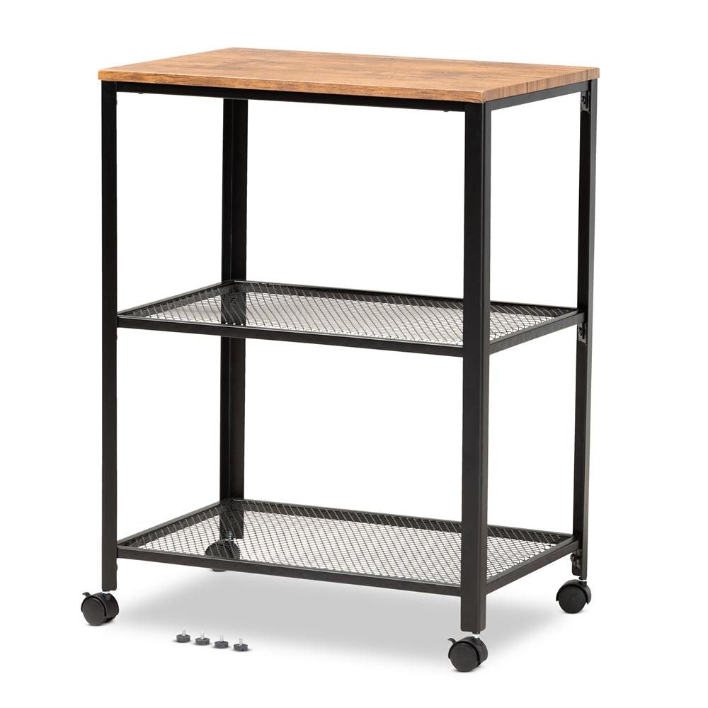 BAXTON STUDIO VERNA VINTAGE RUSTIC INDUSTRIAL BLACK FINISHED METAL AND OAK BROWN FINISHED WOOD KITCHEN SERVING CART