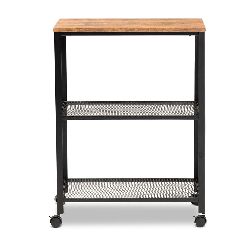 BAXTON STUDIO VERNA VINTAGE RUSTIC INDUSTRIAL BLACK FINISHED METAL AND OAK BROWN FINISHED WOOD KITCHEN SERVING CART