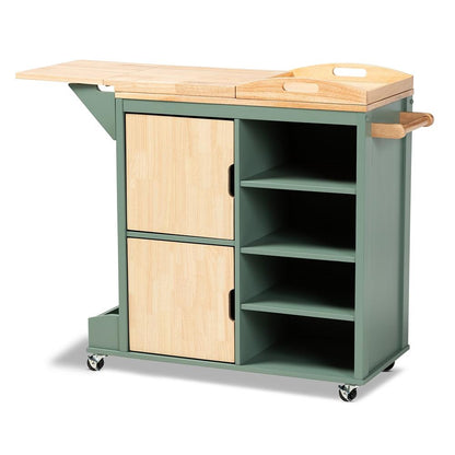 BAXTON STUDIO DORTHY COASTAL AND FARMHOUSE TWO-TONE DARK GREEN AND NATURAL WOOD KITCHEN STORAGE CART