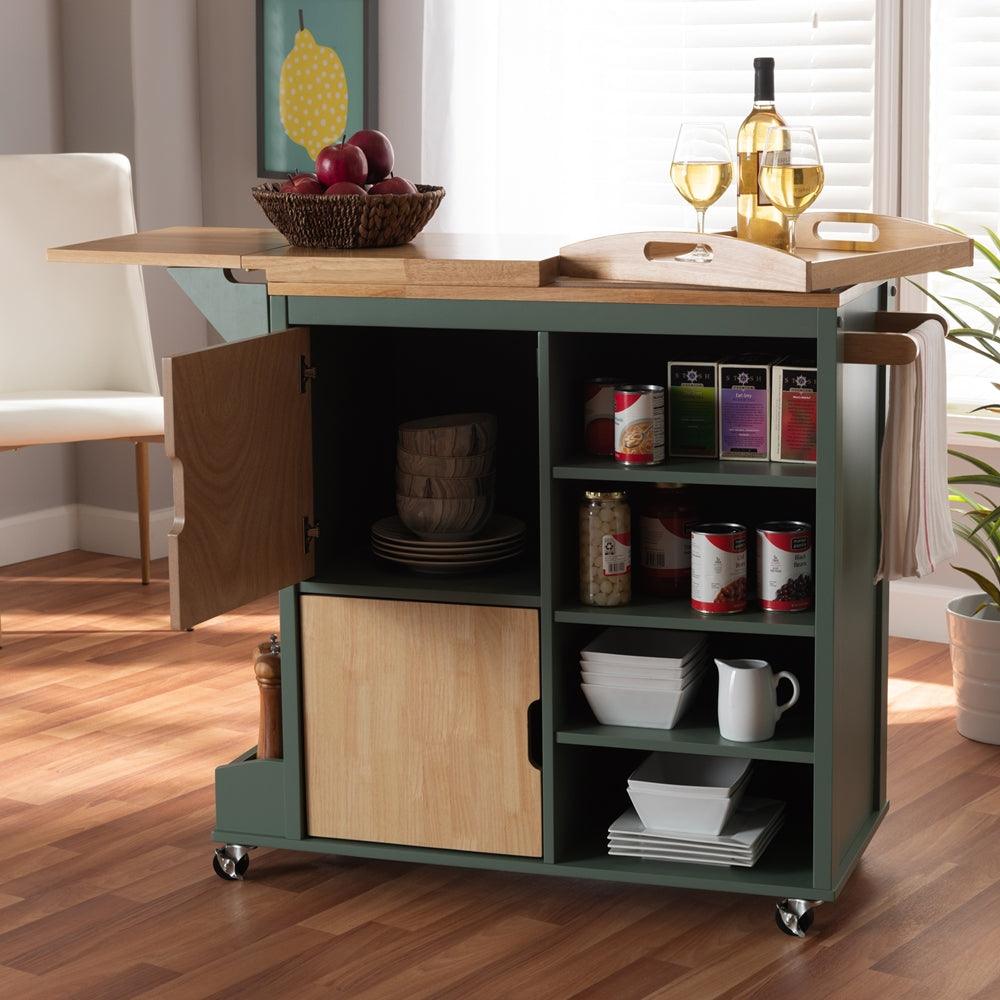 BAXTON STUDIO DORTHY COASTAL AND FARMHOUSE TWO-TONE DARK GREEN AND NATURAL WOOD KITCHEN STORAGE CART