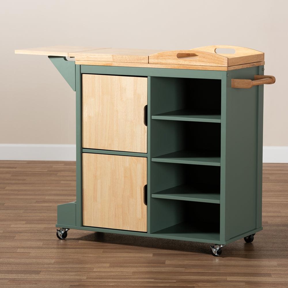 BAXTON STUDIO DORTHY COASTAL AND FARMHOUSE TWO-TONE DARK GREEN AND NATURAL WOOD KITCHEN STORAGE CART