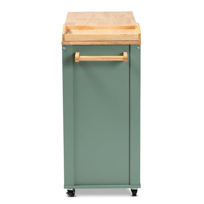 BAXTON STUDIO DORTHY COASTAL AND FARMHOUSE TWO-TONE DARK GREEN AND NATURAL WOOD KITCHEN STORAGE CART