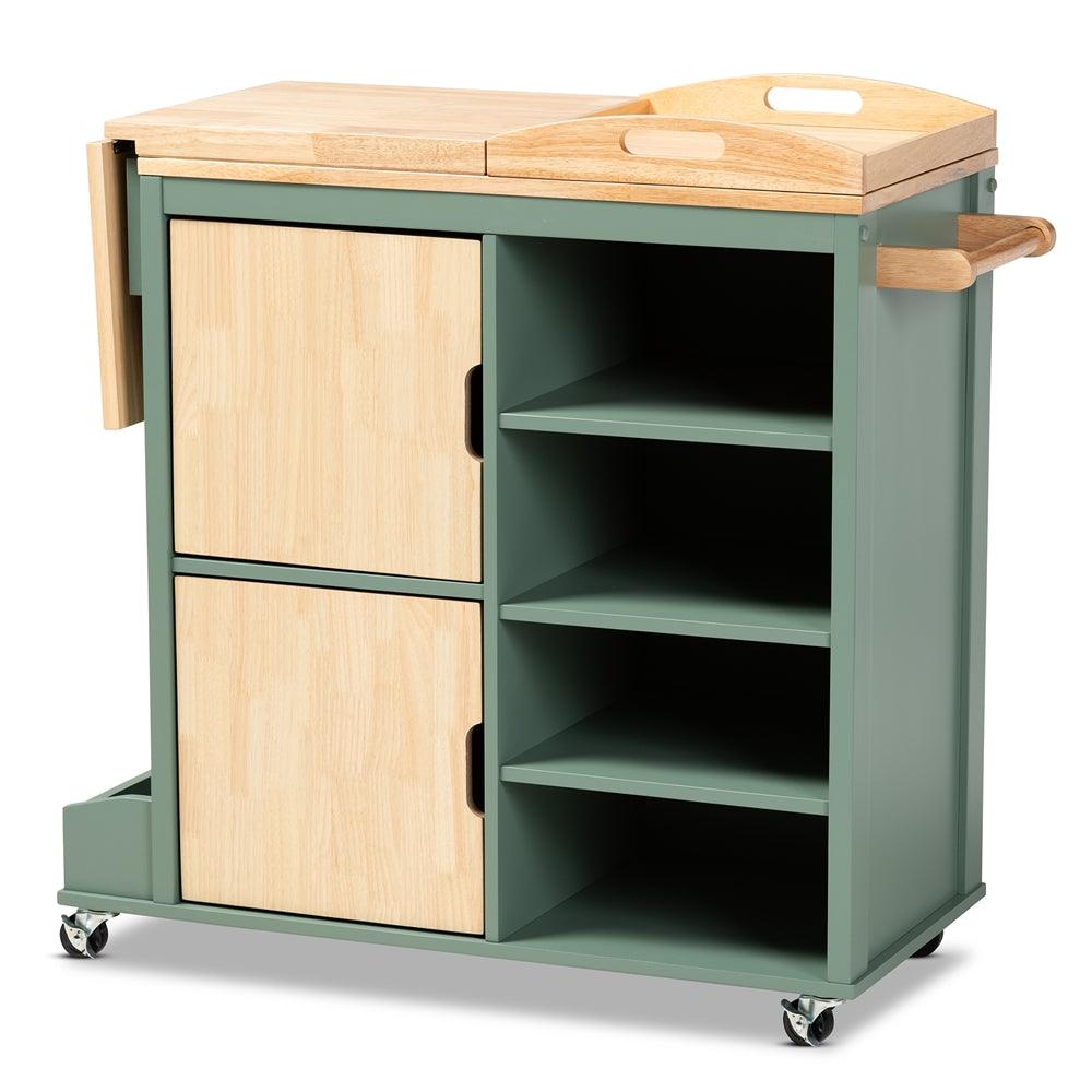 BAXTON STUDIO DORTHY COASTAL AND FARMHOUSE TWO-TONE DARK GREEN AND NATURAL WOOD KITCHEN STORAGE CART