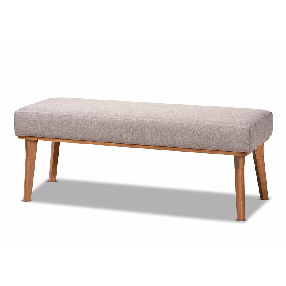 BAXTON STUDIO ODESSA MID-CENTURY MODERN GREY FABRIC UPHOLSTERED AND WALNUT BROWN FINISHED WOOD DINING BENCH