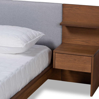 BAXTON STUDIO SAMI MODERN AND CONTEMPORARY LIGHT GREY FABRIC UPHOLSTERED AND WALNUT BROWN FINISHED WOOD QUEEN SIZE PLATFORM STORAGE BED WITH BUILT-IN NIGHTSTANDS