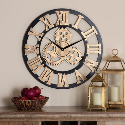 BAXTON STUDIO RANDOLPH INDUSTRIAL VINTAGE STYLE BLACK AND DISTRESSED BROWN FINISHED WOOD WALL CLOCK