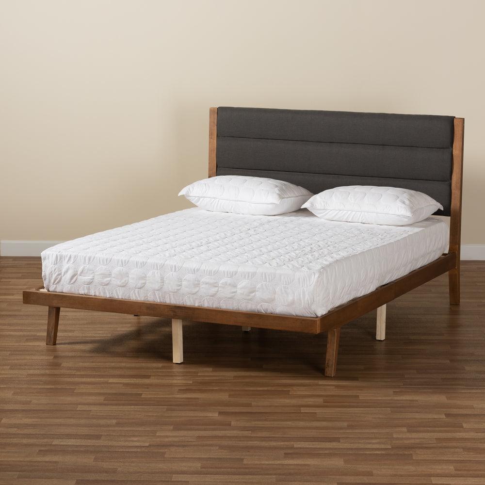 BAXTON STUDIO JARLAN MODERN AND CONTEMPORARY TRANSITIONAL CHARCOAL FABRIC UPHOLSTERED AND WALNUT BROWN FINISHED WOOD FULL SIZE PLATFORM BED