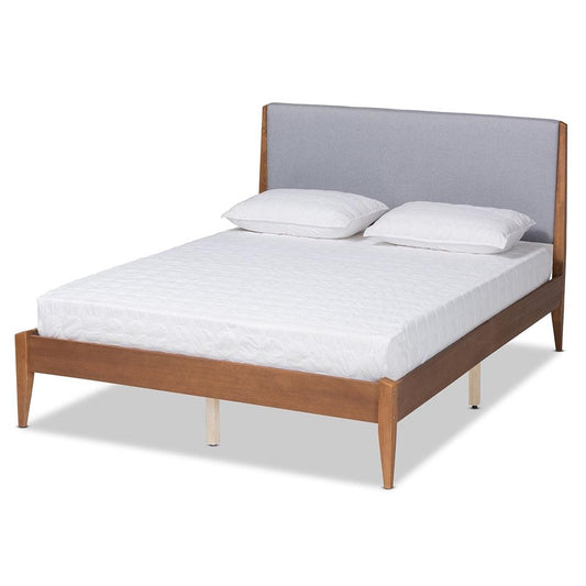 BAXTON STUDIO LENORA MID-CENTURY MODERN GREY FABRIC UPHOLSTERED AND WALNUT BROWN FINISHED WOOD FULL SIZE PLATFORM BED