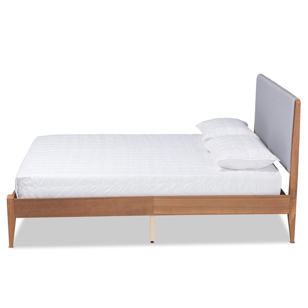 BAXTON STUDIO LENORA MID-CENTURY MODERN GREY FABRIC UPHOLSTERED AND WALNUT BROWN FINISHED WOOD FULL SIZE PLATFORM BED