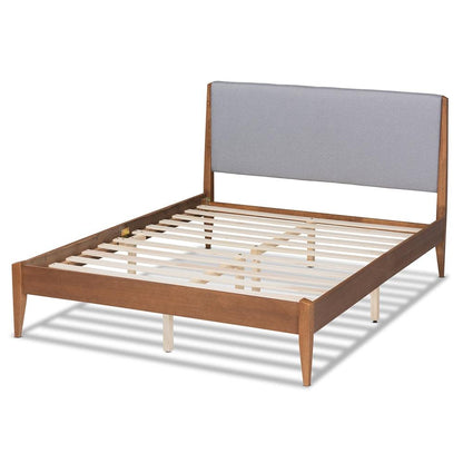 BAXTON STUDIO LENORA MID-CENTURY MODERN GREY FABRIC UPHOLSTERED AND WALNUT BROWN FINISHED WOOD FULL SIZE PLATFORM BED