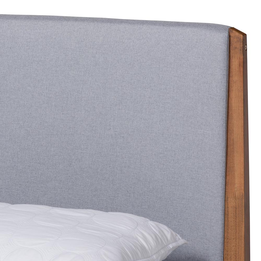 BAXTON STUDIO LENORA MID-CENTURY MODERN GREY FABRIC UPHOLSTERED AND WALNUT BROWN FINISHED WOOD FULL SIZE PLATFORM BED