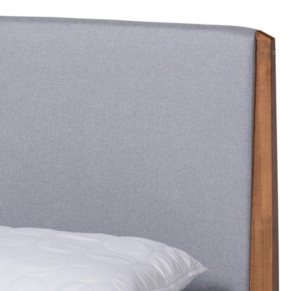 BAXTON STUDIO LENORA MID-CENTURY MODERN GREY FABRIC UPHOLSTERED AND WALNUT BROWN FINISHED WOOD FULL SIZE PLATFORM BED