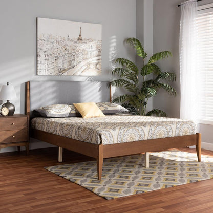 BAXTON STUDIO LENORA MID-CENTURY MODERN GREY FABRIC UPHOLSTERED AND WALNUT BROWN FINISHED WOOD FULL SIZE PLATFORM BED