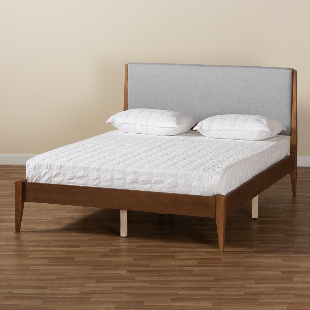 BAXTON STUDIO LENORA MID-CENTURY MODERN GREY FABRIC UPHOLSTERED AND WALNUT BROWN FINISHED WOOD FULL SIZE PLATFORM BED