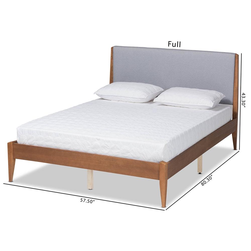 BAXTON STUDIO LENORA MID-CENTURY MODERN GREY FABRIC UPHOLSTERED AND WALNUT BROWN FINISHED WOOD FULL SIZE PLATFORM BED