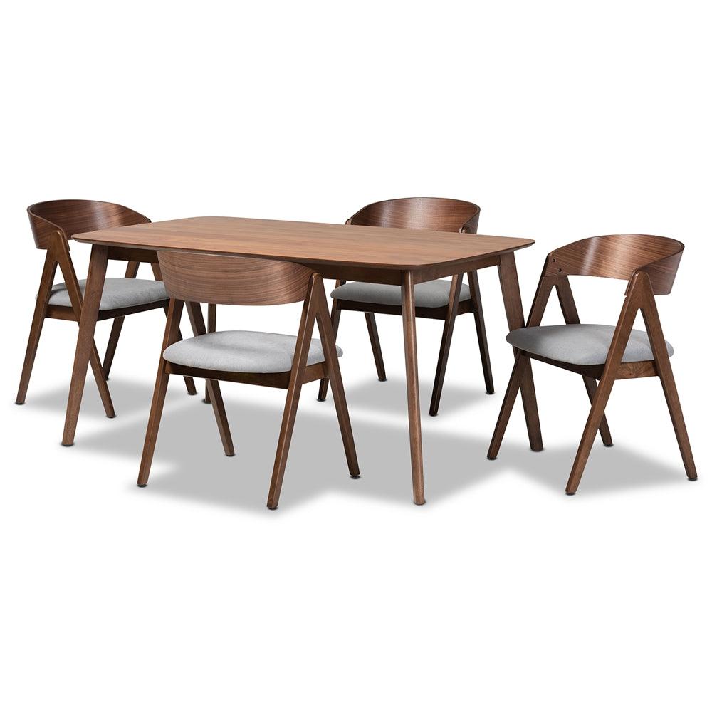 BAXTON STUDIO DANTON MID-CENTURY MODERN GREY FABRIC UPHOLSTERED AND WALNUT BROWN FINISHED WOOD 5-PIECE DINING SET