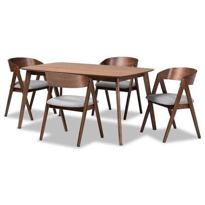 BAXTON STUDIO DANTON MID-CENTURY MODERN GREY FABRIC UPHOLSTERED AND WALNUT BROWN FINISHED WOOD 5-PIECE DINING SET