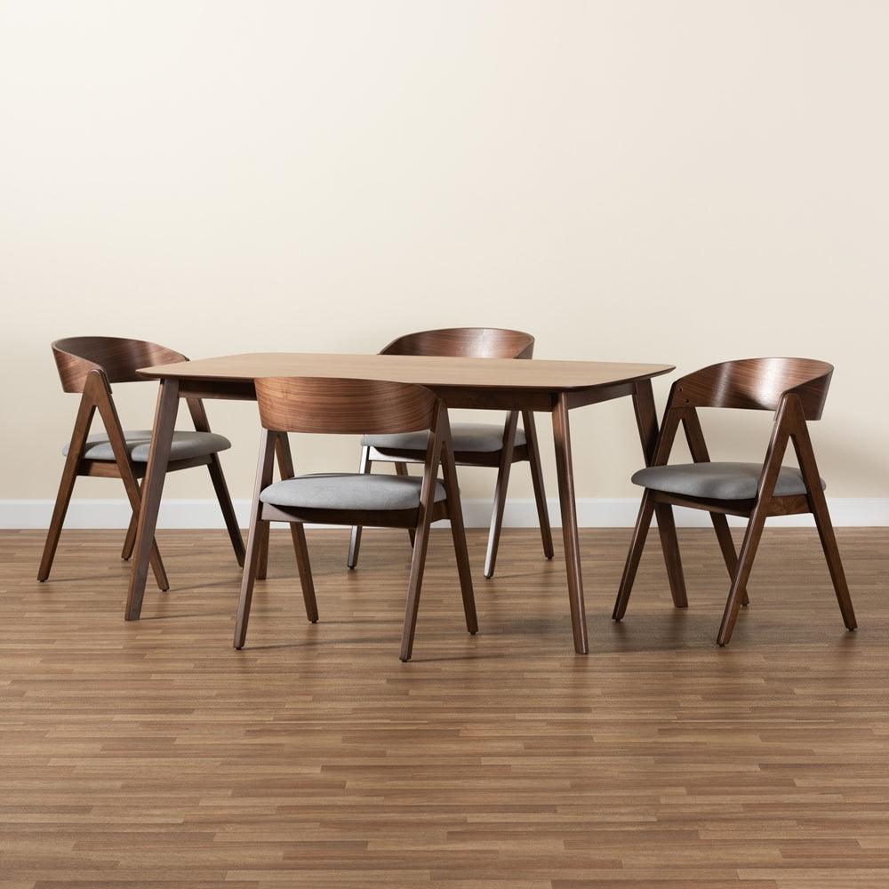 BAXTON STUDIO DANTON MID-CENTURY MODERN GREY FABRIC UPHOLSTERED AND WALNUT BROWN FINISHED WOOD 5-PIECE DINING SET