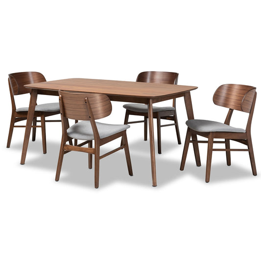 BAXTON STUDIO ALSTON MID-CENTURY MODERN GREY FABRIC UPHOLSTERED AND WALNUT BROWN FINISHED WOOD 5-PIECE DINING SET