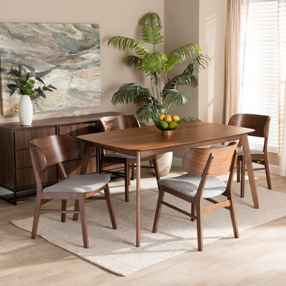 BAXTON STUDIO ALSTON MID-CENTURY MODERN GREY FABRIC UPHOLSTERED AND WALNUT BROWN FINISHED WOOD 5-PIECE DINING SET