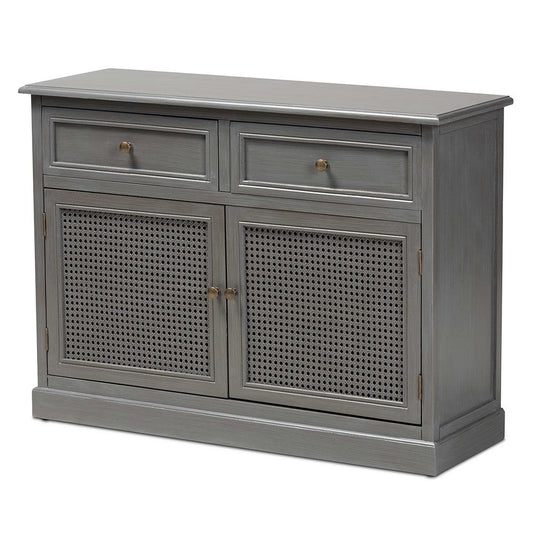 BAXTON STUDIO SHELDON MODERN AND CONTEMPORARY VINTAGE GREY FINISHED WOOD AND SYNTHETIC RATTAN 2-DOOR DINING ROOM SIDEBOARD BUFFET