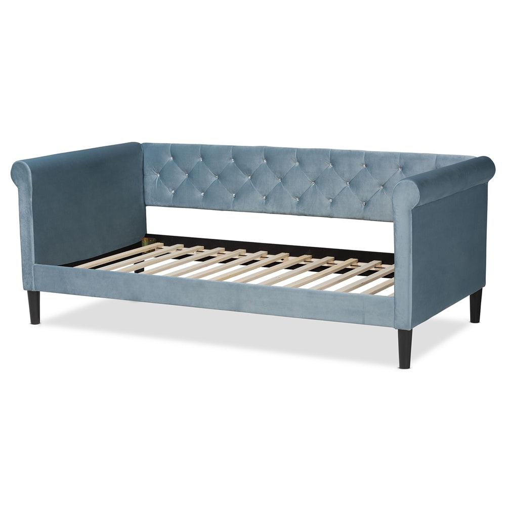 Baxton Studio Cora Modern and Contemporary Light Blue Velvet Fabric Upholstered and Dark Brown Finished Wood Twin Size Daybed