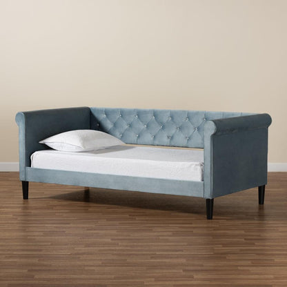 Baxton Studio Cora Modern and Contemporary Light Blue Velvet Fabric Upholstered and Dark Brown Finished Wood Twin Size Daybed