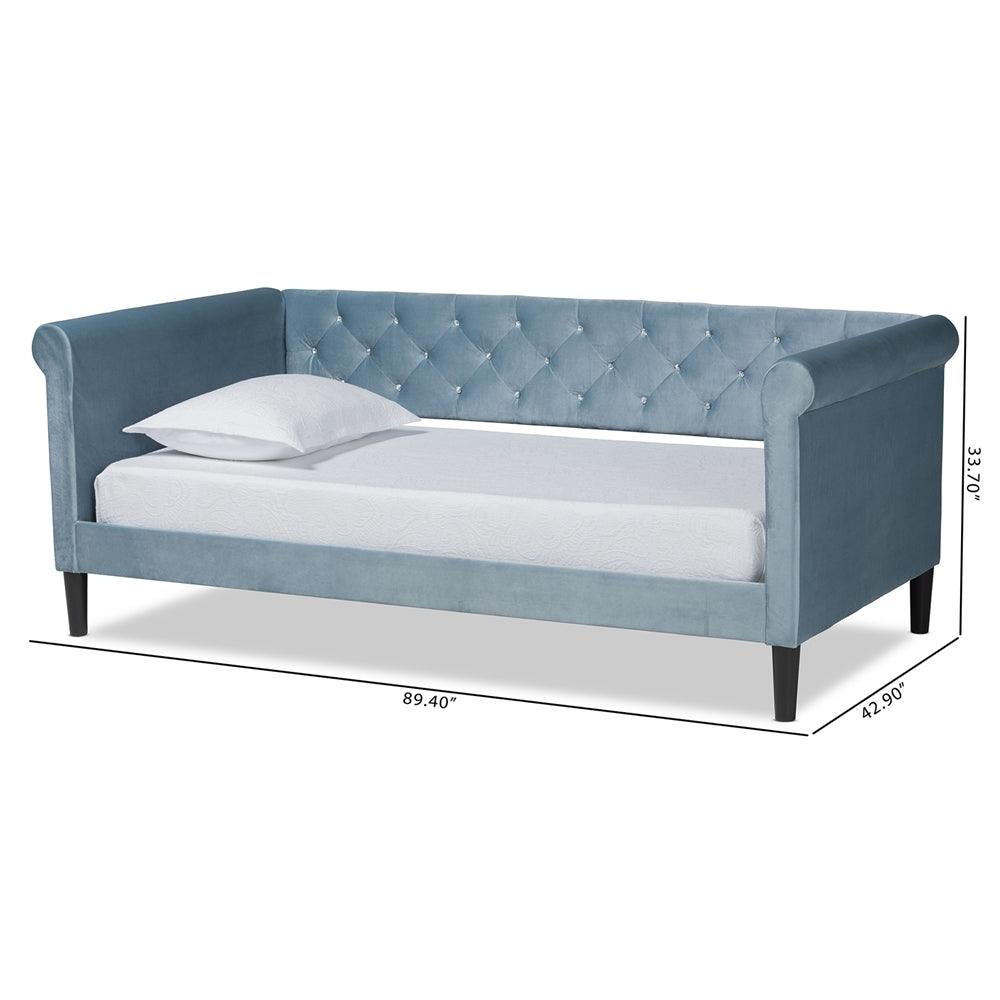 Baxton Studio Cora Modern and Contemporary Light Blue Velvet Fabric Upholstered and Dark Brown Finished Wood Twin Size Daybed