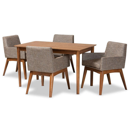 BAXTON STUDIO DORINA MID-CENTURY MODERN GRAVEL FABRIC UPHOLSTERED AND WALNUT BROWN FINISHED WOOD 5-PIECE DINING SET