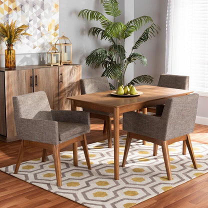 BAXTON STUDIO DORINA MID-CENTURY MODERN GRAVEL FABRIC UPHOLSTERED AND WALNUT BROWN FINISHED WOOD 5-PIECE DINING SET