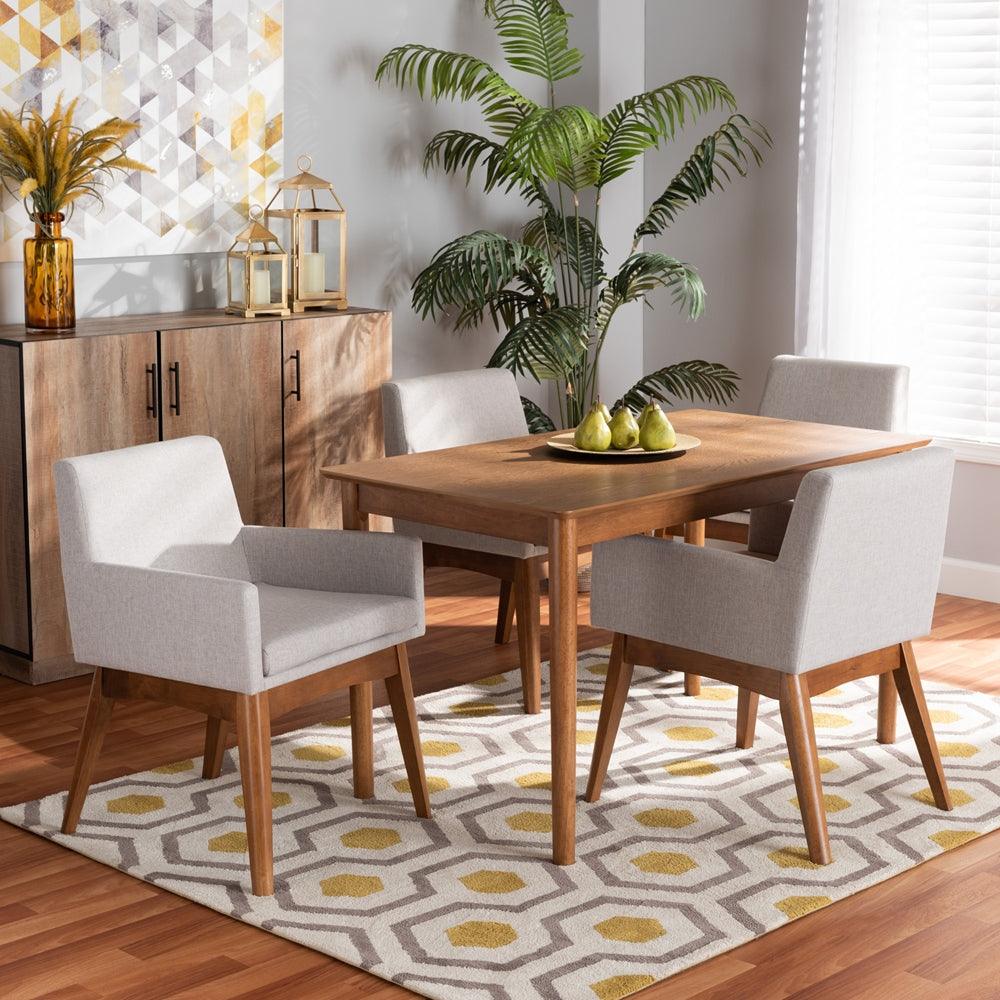 BAXTON STUDIO DORINA MID-CENTURY MODERN GREYISH BEIGE FABRIC UPHOLSTERED AND WALNUT BROWN FINISHED WOOD 5-PIECE DINING SET