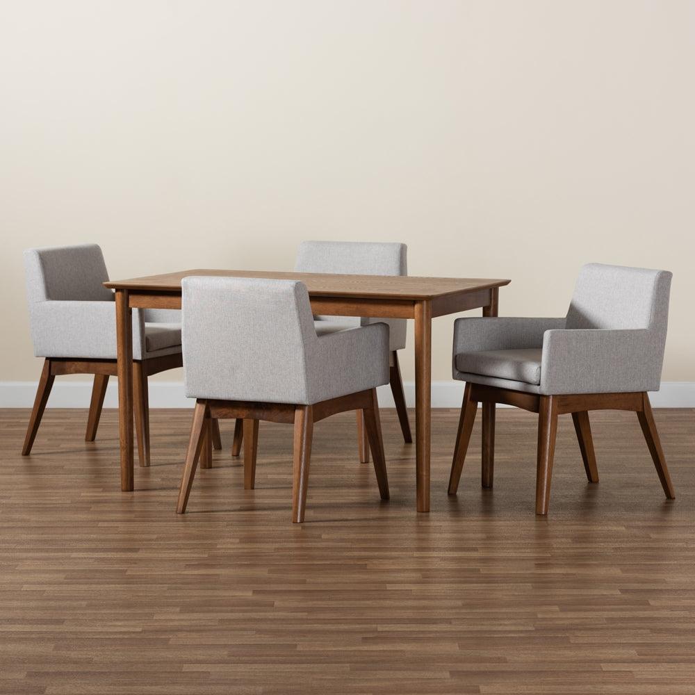 BAXTON STUDIO DORINA MID-CENTURY MODERN GREYISH BEIGE FABRIC UPHOLSTERED AND WALNUT BROWN FINISHED WOOD 5-PIECE DINING SET