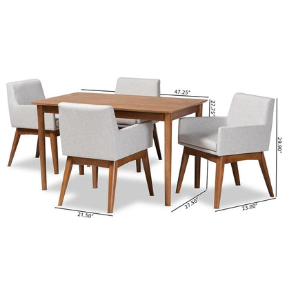 BAXTON STUDIO DORINA MID-CENTURY MODERN GREYISH BEIGE FABRIC UPHOLSTERED AND WALNUT BROWN FINISHED WOOD 5-PIECE DINING SET