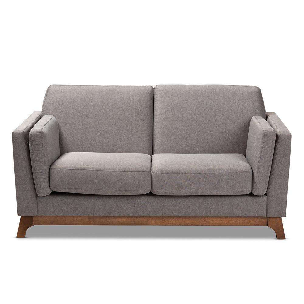 BAXTON STUDIO SAVA MID-CENTURY MODERN GREY FABRIC UPHOLSTERED WALNUT WOOD 2-SEATER LOVESEAT