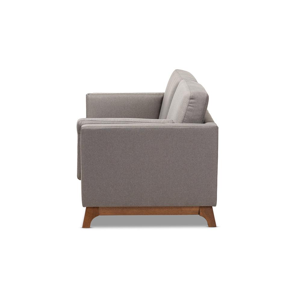 BAXTON STUDIO SAVA MID-CENTURY MODERN GREY FABRIC UPHOLSTERED WALNUT WOOD 2-SEATER LOVESEAT