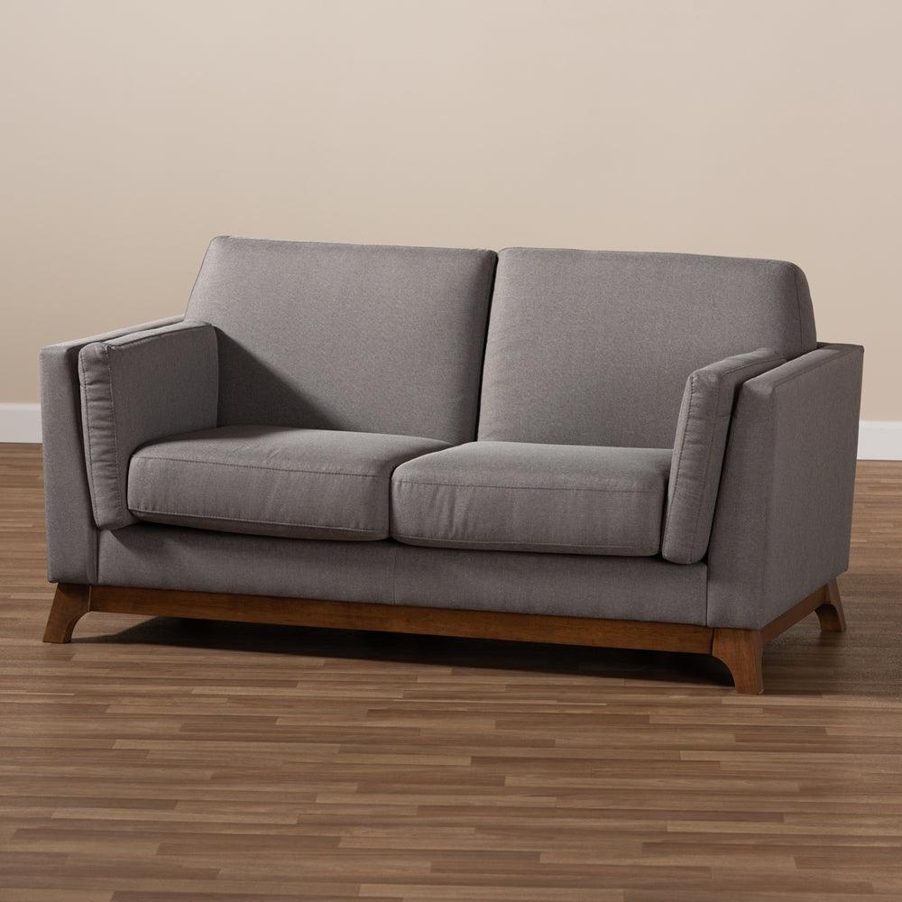 BAXTON STUDIO SAVA MID-CENTURY MODERN GREY FABRIC UPHOLSTERED WALNUT WOOD 2-SEATER LOVESEAT