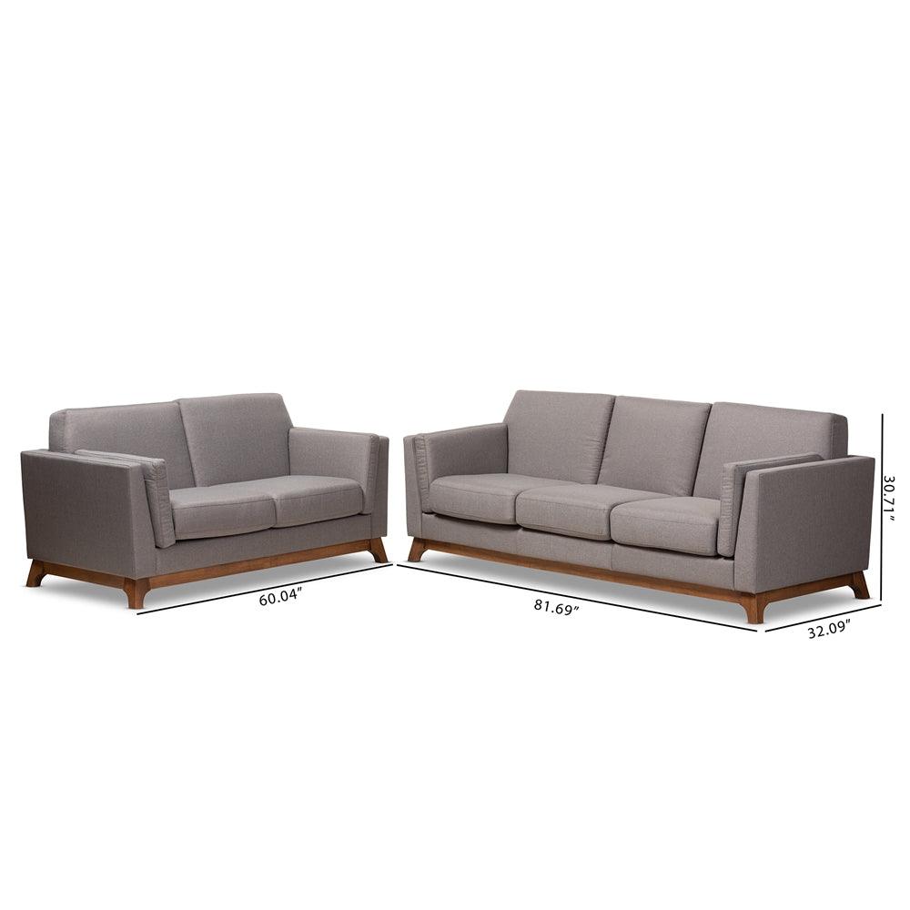 BAXTON STUDIO SAVA MID-CENTURY MODERN GREY FABRIC UPHOLSTERED WALNUT WOOD 2-PIECE LIVING ROOM SET