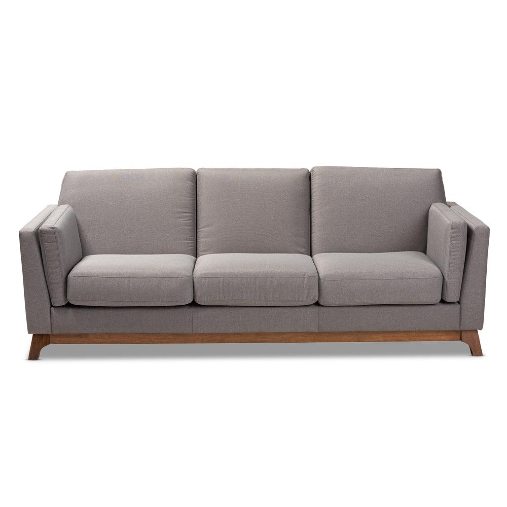 BAXTON STUDIO SAVA MID-CENTURY MODERN GREY FABRIC UPHOLSTERED WALNUT WOOD 3-SEATER SOFA