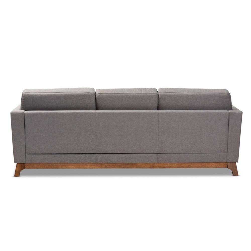 BAXTON STUDIO SAVA MID-CENTURY MODERN GREY FABRIC UPHOLSTERED WALNUT WOOD 3-SEATER SOFA