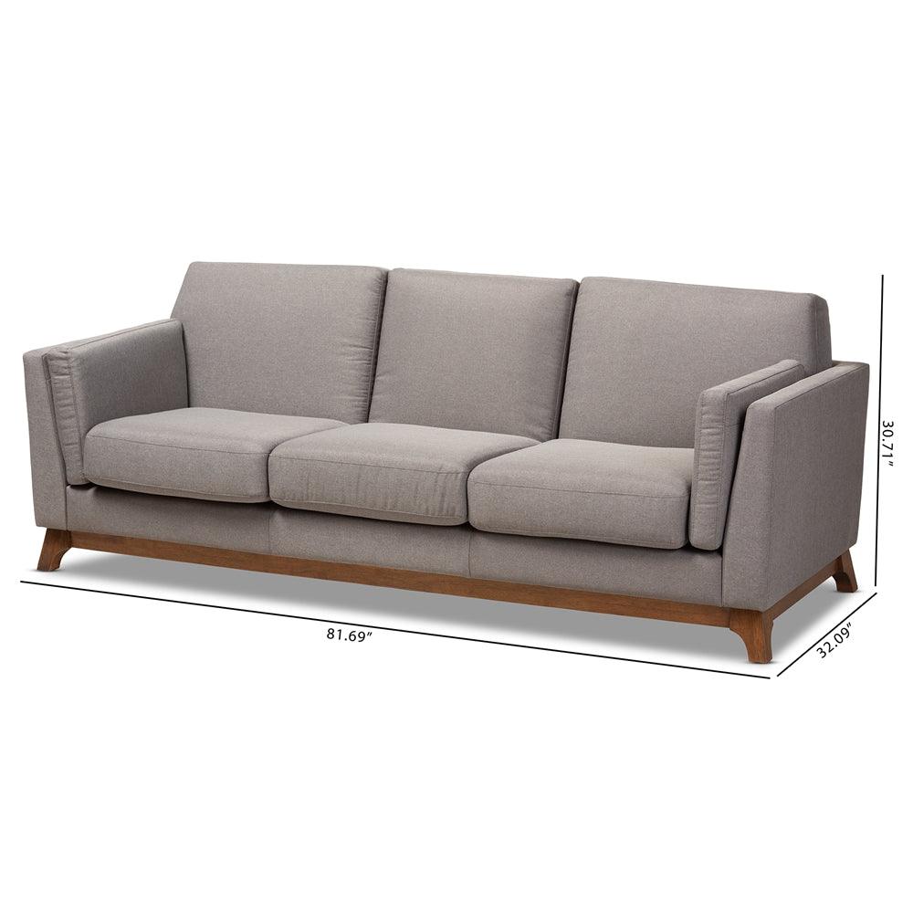 BAXTON STUDIO SAVA MID-CENTURY MODERN GREY FABRIC UPHOLSTERED WALNUT WOOD 3-SEATER SOFA