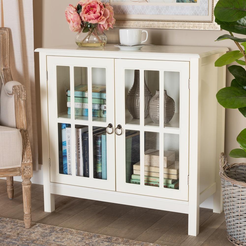 BAXTON STUDIO KENDALL CLASSIC AND TRADITIONAL WHITE FINISHED WOOD AND GLASS KITCHEN STORAGE CABINET