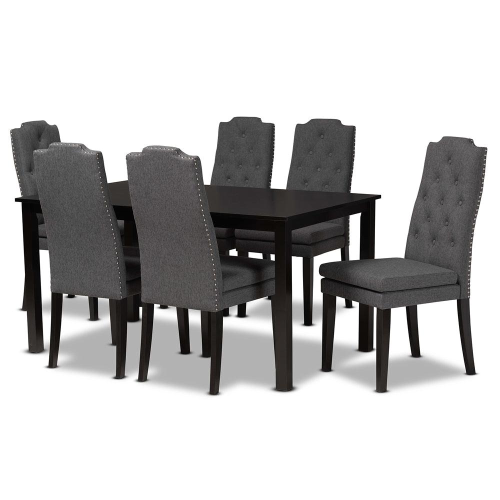 BAXTON STUDIO DYLIN MODERN AND CONTEMPORARY DARK GREY FABRIC UPHOLSTERED AND DARK BROWN FINISHED WOOD 7-PIECE DINING SET