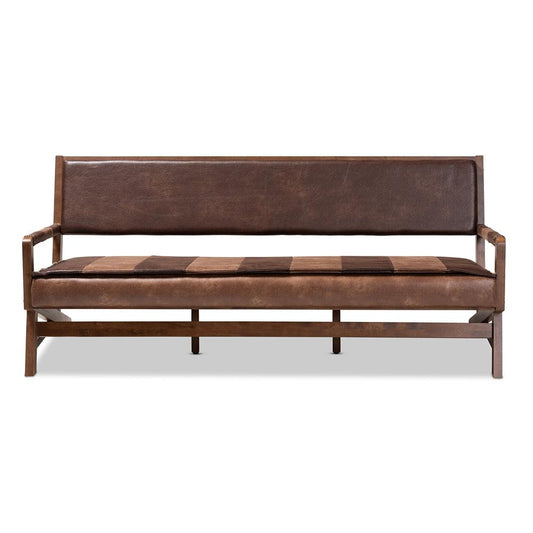 BAXTON STUDIO ROVELYN RUSTIC BROWN FAUX LEATHER UPHOLSTERED WALNUT FINISHED WOOD SOFA