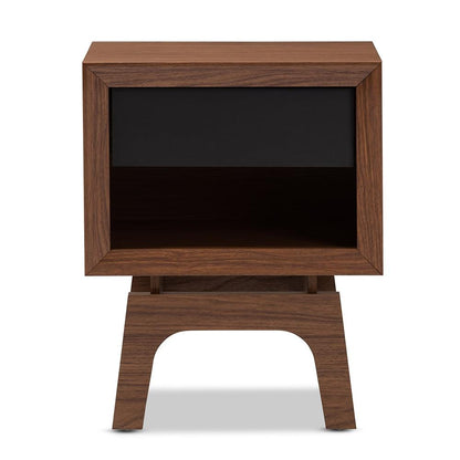 BAXTON STUDIO SVANTE MID-CENTURY MODERN WALNUT BROWN AND DARK GRAY FINISHED WOOD 1-DRAWER NIGHTSTAND