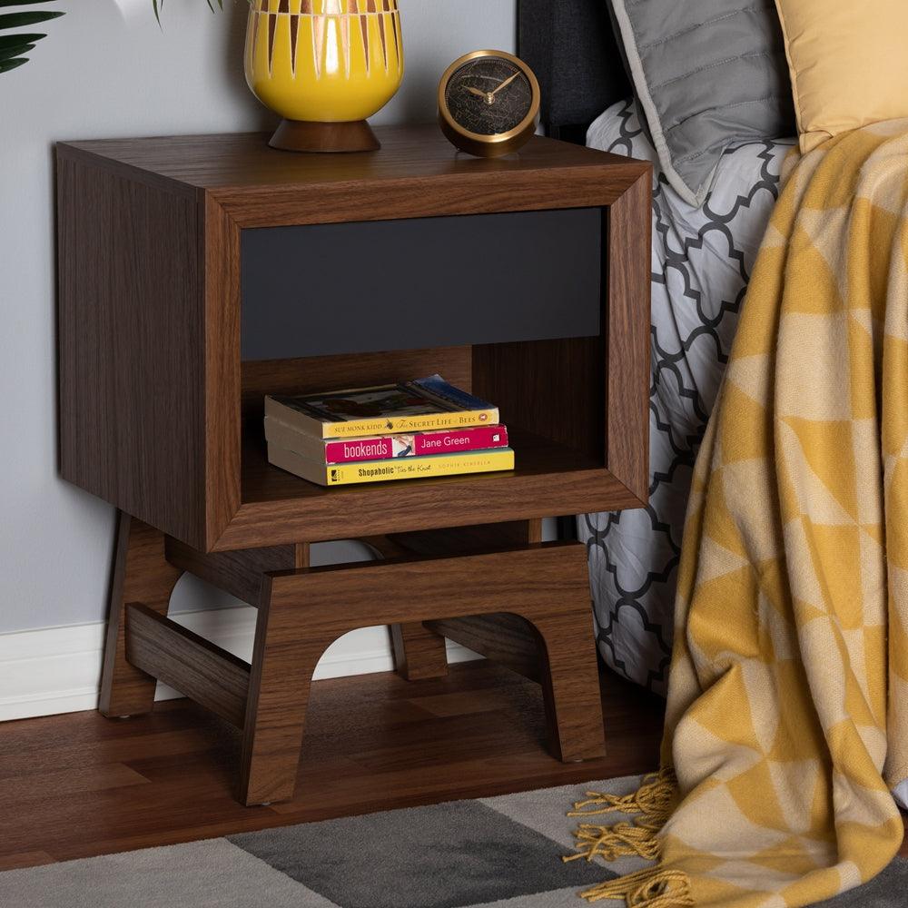 BAXTON STUDIO SVANTE MID-CENTURY MODERN WALNUT BROWN AND DARK GRAY FINISHED WOOD 1-DRAWER NIGHTSTAND