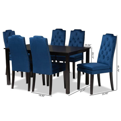 BAXTON STUDIO DYLIN MODERN AND CONTEMPORARY NAVY BLUE VELVET FABRIC UPHOLSTERED AND DARK BROWN FINISHED WOOD 7-PIECE DINING SET