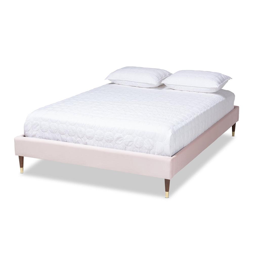 BAXTON STUDIO VOLDEN GLAM AND LUXE LIGHT PINK VELVET FABRIC UPHOLSTERED KING SIZE WOOD PLATFORM BED FRAME WITH GOLD-TONE LEG TIPS