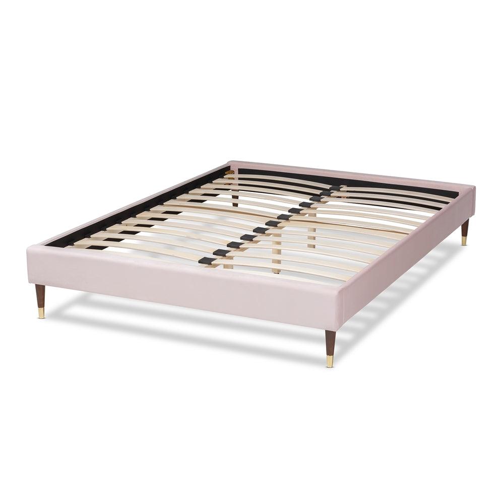 BAXTON STUDIO VOLDEN GLAM AND LUXE LIGHT PINK VELVET FABRIC UPHOLSTERED KING SIZE WOOD PLATFORM BED FRAME WITH GOLD-TONE LEG TIPS