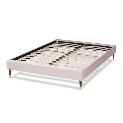 BAXTON STUDIO VOLDEN GLAM AND LUXE LIGHT PINK VELVET FABRIC UPHOLSTERED KING SIZE WOOD PLATFORM BED FRAME WITH GOLD-TONE LEG TIPS